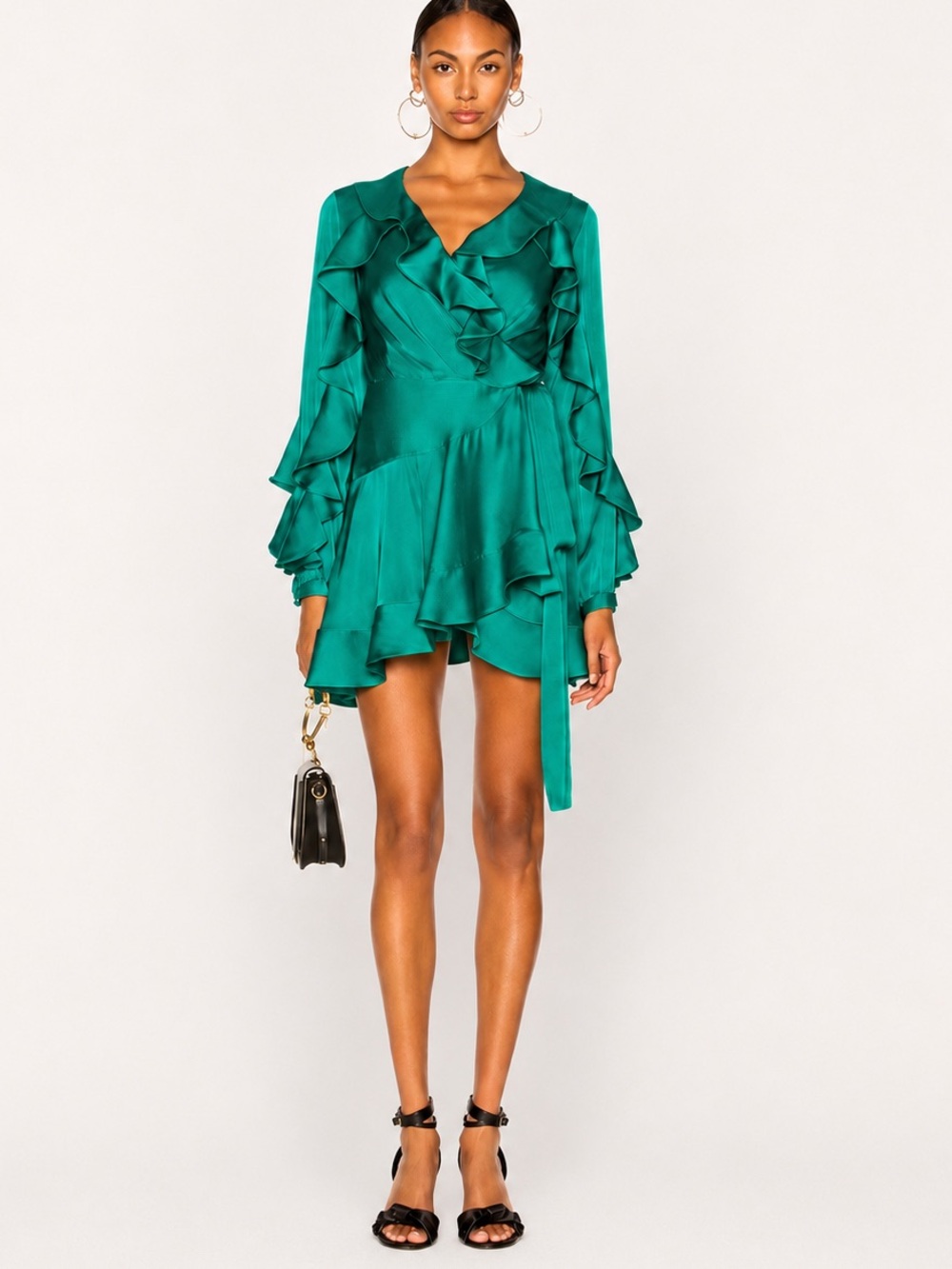 PatBO Emerald Green Satin Ruffle Wrap Mini Dress Size 0